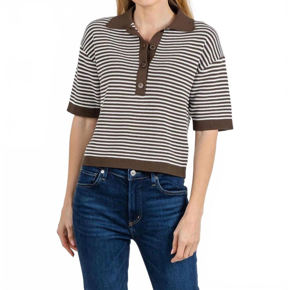 NEW MARGITTES cathy stripe knit polo in mocha